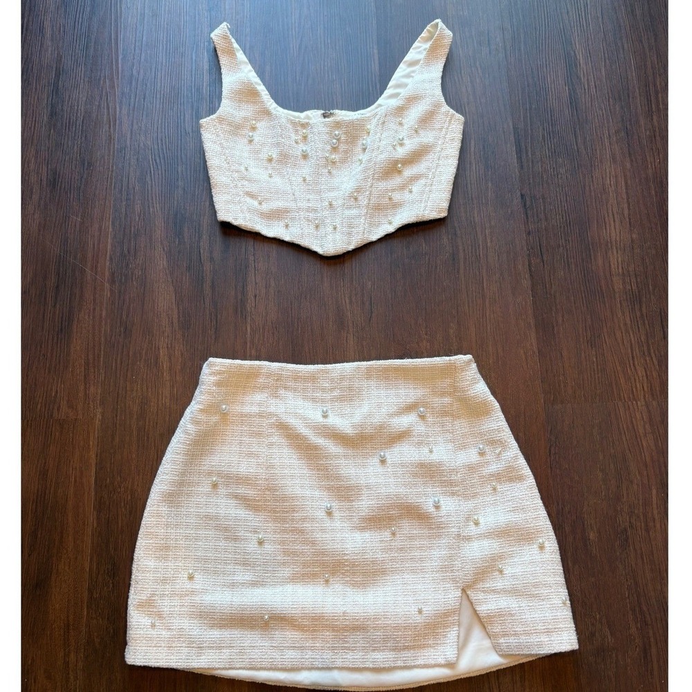Altar'd State Bridal Shower Swan Tweed Pearl Matching Set NWT XXS Top & S Skirt